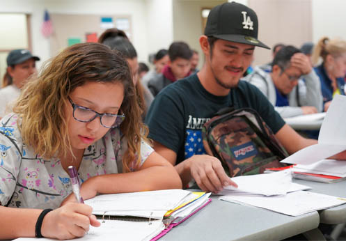 A photo of an ESL class. Two ESL students are working on their assignment