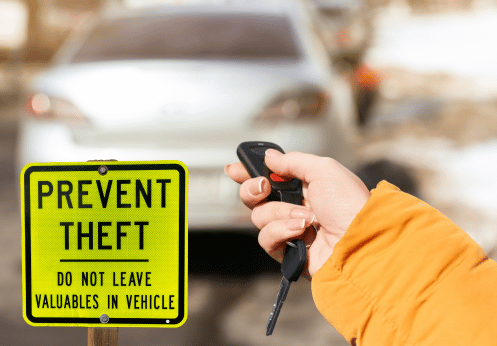 A hand using a car key fob to lock their car with a yellow sign that reads 