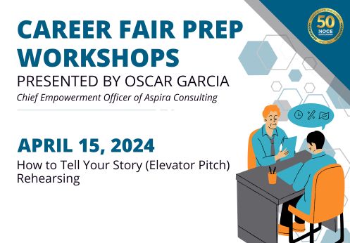 Career Fair Prep Workshops presented by Oscar Garcia. April 15, 2024, How to Tell Your Story (Elevator Pitch) Rehearsing.
