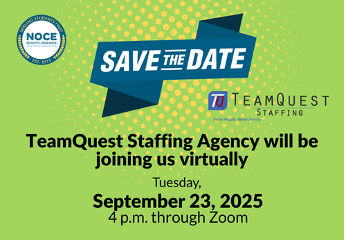 Save the date, Teamquest staffing agency will be joining us virtually on Tuesday, September 23, 2025 at 4 p.m. through Zoom.